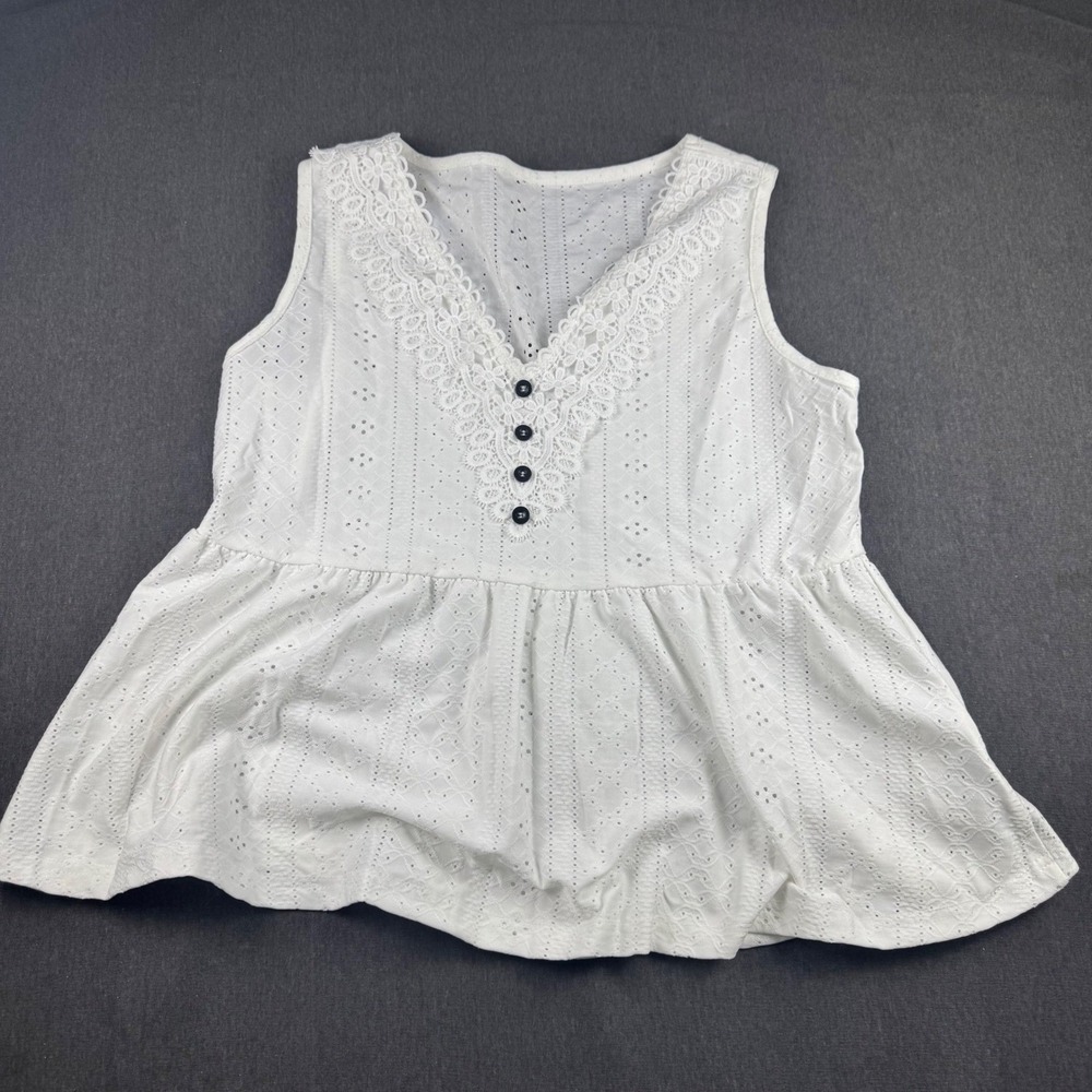 Breathe‎ Curve Women's White Eyelet Lace Button Front Peplum Top Blouse 1X